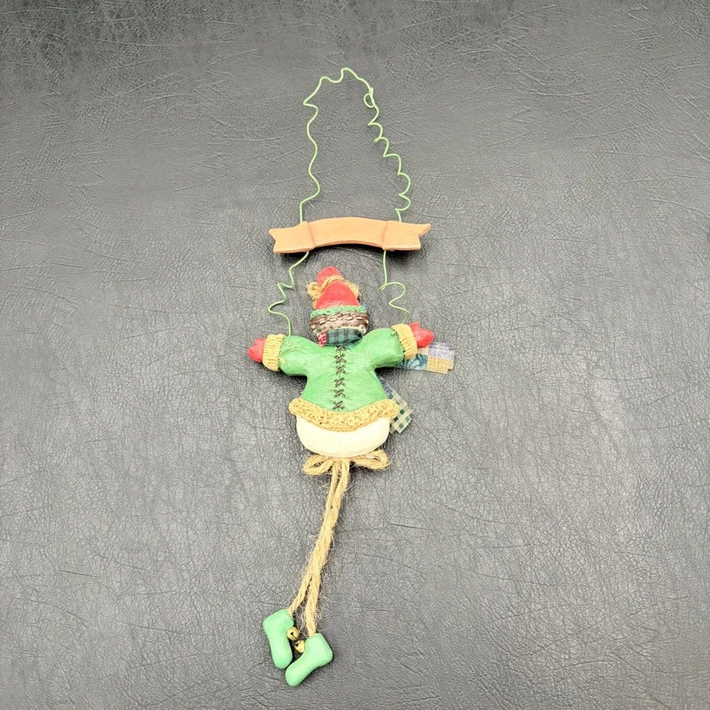 Rustic Snowman Birdhouse Christmas Ornament Dangle Legs Jingle Bells 14 Inch
